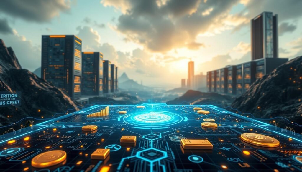 A futuristic digital landscape showcasing the latest technological innovations shaping the secondary gold market. In the foreground, a holographic display presents real-time data on gold prices, trading volumes, and market trends. Scattered throughout the scene, advanced algorithms and AI-powered trading platforms analyze vast amounts of data, optimizing investment strategies. In the middle ground, blockchain-based platforms facilitate secure, transparent, and decentralized transactions, transforming the way gold is bought, sold, and tracked. In the background, towering data centers and cloud computing infrastructure power these cutting-edge financial technologies, creating a dynamic and interconnected ecosystem for the secondary gold market. A futuristic digital landscape showcasing the latest technological innovations shaping the secondary gold market. In the foreground, a holographic display presents real-time data on gold prices, trading volumes, and market trends. Scattered throughout the scene, advanced algorithms and AI-powered trading platforms analyze vast amounts of data, optimizing investment strategies. In the middle ground, blockchain-based platforms facilitate secure, transparent, and decentralized transactions, transforming the way gold is bought, sold, and tracked. In the background, towering data centers and cloud computing infrastructure power these cutting-edge financial technologies, creating a dynamic and interconnected ecosystem for the secondary gold market.