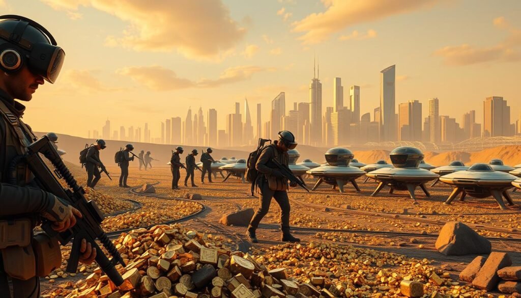 A futuristic landscape in 2025 depicting a modern-day gold rush. In the foreground, a group of prospectors armed with high-tech mining equipment and virtual reality headsets, sifting through piles of glittering gold nuggets and cryptocurrency tokens. In the middle ground, rows of autonomous mining drones and 3D-printed extraction facilities, their metallic frames casting long shadows. In the background, a towering city skyline of gleaming skyscrapers and hover-cars, bathed in a warm, golden-hued light. The scene conveys a sense of excitement, innovation, and the promise of untold riches, as the world races to uncover the digital and material wealth of the future. A futuristic landscape in 2025 depicting a modern-day gold rush. In the foreground, a group of prospectors armed with high-tech mining equipment and virtual reality headsets, sifting through piles of glittering gold nuggets and cryptocurrency tokens. In the middle ground, rows of autonomous mining drones and 3D-printed extraction facilities, their metallic frames casting long shadows. In the background, a towering city skyline of gleaming skyscrapers and hover-cars, bathed in a warm, golden-hued light. The scene conveys a sense of excitement, innovation, and the promise of untold riches, as the world races to uncover the digital and material wealth of the future.