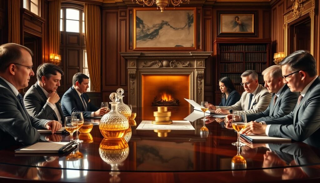 A gilded boardroom with floor-to-ceiling windows, bathed in warm, soft lighting. High-net-worth investors sit around a gleaming mahogany table, their faces pensive as they scrutinize data and charts depicting the historical performance of gold. Elegant crystal decanters and glasses reflect the amber hue of the precious metal. The investors, dressed in tailored suits, exude an air of quiet confidence and financial acumen. In the background, a grand marble fireplace casts a gentle glow, while a bookshelf laden with leather-bound tomes suggests an atmosphere of intellectual rigor and financial expertise. The scene conveys the gravitas and sophistication of HNWI investors considering gold's role in their diversified portfolios. A gilded boardroom with floor-to-ceiling windows, bathed in warm, soft lighting. High-net-worth investors sit around a gleaming mahogany table, their faces pensive as they scrutinize data and charts depicting the historical performance of gold. Elegant crystal decanters and glasses reflect the amber hue of the precious metal. The investors, dressed in tailored suits, exude an air of quiet confidence and financial acumen. In the background, a grand marble fireplace casts a gentle glow, while a bookshelf laden with leather-bound tomes suggests an atmosphere of intellectual rigor and financial expertise. The scene conveys the gravitas and sophistication of HNWI investors considering gold's role in their diversified portfolios.