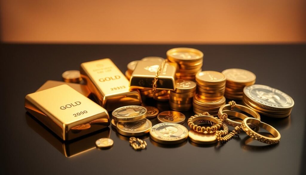 A gleaming array of gold bars, coins, and jewelry meticulously arranged on a sleek, dark surface. The warm, soft lighting highlights the lustrous sheen of the precious metal, casting gentle shadows that accentuate its intricate details. In the background, a subtle gradient of muted hues evokes a sense of sophistication and wealth. The composition is balanced, with the gold assets occupying the central focus, conveying their significance and value. The overall mood is one of refined elegance and financial stability, setting the stage for an insightful exploration of the different types of gold assets involved in a divorce settlement.