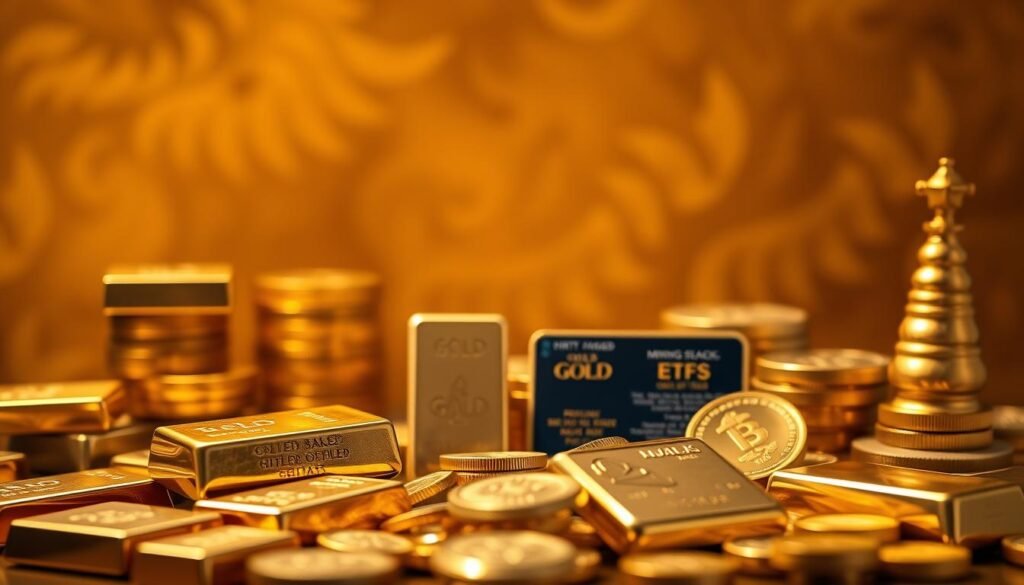 A gleaming display of physical gold investment options set against a warm, textured background. In the foreground, a collection of gold bars, coins, and bullion arranged in an aesthetically pleasing composition. The lighting casts a soft, golden glow, highlighting the luster and weight of the precious metal. In the middle ground, a few key investment products such as gold-backed ETFs or gold mining stocks are depicted, conveying the diverse range of options available to the investor. The background features a subtle pattern or texture, adding depth and a sense of luxury to the scene. The overall mood is one of solidity, security, and the timeless value of gold as a defensive asset.