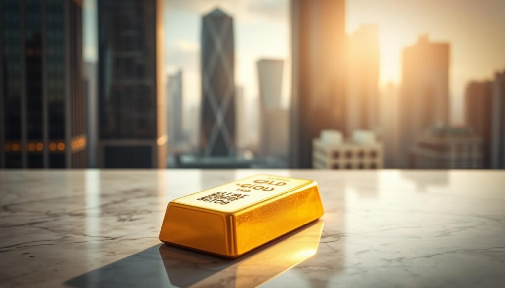 A gleaming gold bar resting on a polished marble surface, casting a warm glow across the frame. The lighting is soft and diffused, highlighting the intricate details and texture of the precious metal. In the background, a blurred cityscape with towering skyscrapers represents the financial hub, suggesting the enduring value of gold as a secure investment. The composition is balanced, with the gold bar occupying the central focus, surrounded by a serene and sophisticated ambiance. The overall mood conveys a sense of stability, wealth, and the timeless allure of gold as a reliable investment choice. A gleaming gold bar resting on a polished marble surface, casting a warm glow across the frame. The lighting is soft and diffused, highlighting the intricate details and texture of the precious metal. In the background, a blurred cityscape with towering skyscrapers represents the financial hub, suggesting the enduring value of gold as a secure investment. The composition is balanced, with the gold bar occupying the central focus, surrounded by a serene and sophisticated ambiance. The overall mood conveys a sense of stability, wealth, and the timeless allure of gold as a reliable investment choice.