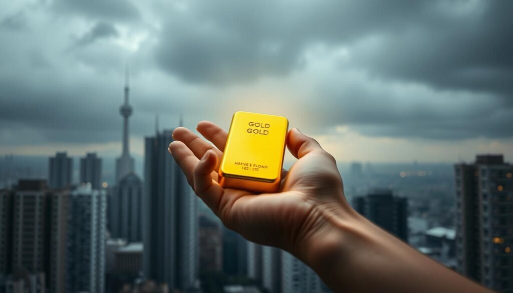 A gleaming gold bar rests against a backdrop of a gloomy cityscape, the dull gray buildings and overcast sky conveying a sense of economic uncertainty. The gold bar is illuminated by a warm, focused light, casting a soft, radiant glow that contrasts with the dreary surroundings. In the foreground, a hand reaches out to grasp the precious metal, symbolizing the role of gold as a safe haven investment during times of recession. The composition evokes a mood of stability and security amidst financial turmoil, capturing the essence of the "The Role of Gold During Economic Uncertainty". A gleaming gold bar rests against a backdrop of a gloomy cityscape, the dull gray buildings and overcast sky conveying a sense of economic uncertainty. The gold bar is illuminated by a warm, focused light, casting a soft, radiant glow that contrasts with the dreary surroundings. In the foreground, a hand reaches out to grasp the precious metal, symbolizing the role of gold as a safe haven investment during times of recession. The composition evokes a mood of stability and security amidst financial turmoil, capturing the essence of the "The Role of Gold During Economic Uncertainty".