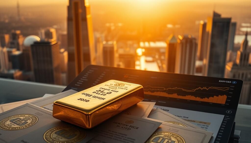 A gleaming gold ingot, its surface shimmering under the warm, diffused lighting. In the foreground, an array of gold-backed securities, their certificates embossed with intricate patterns. The middle ground features a sleek, modern investment portfolio dashboard, displaying real-time data on the performance of these gold-backed assets. In the background, a panoramic view of a bustling financial district, with towering skyscrapers and the sun casting a golden glow over the cityscape. The overall atmosphere exudes a sense of stability, security, and the enduring value of gold-backed financial instruments.