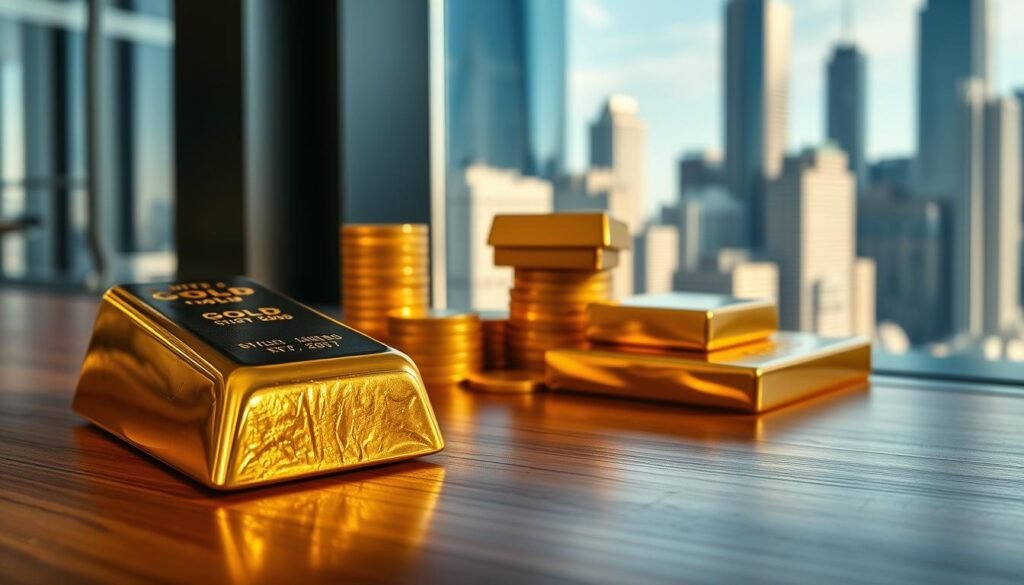 A gleaming gold ingot rests atop a polished wooden surface, casting a warm, reflective glow. In the middle ground, a stack of gold coins and a gold bullion bar are arranged, hinting at the mechanisms of gold derivatives trading. In the background, a modern cityscape with towering skyscrapers is visible through a large window, suggesting the broader financial landscape. The lighting is soft and directional, creating subtle shadows and highlights that accentuate the metallic textures. The overall scene conveys a sense of wealth, stability, and the complex financial instruments tied to the precious metal.