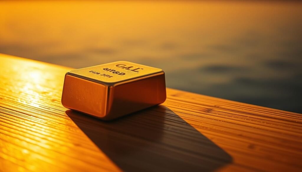 A gleaming gold ingot rests on a polished wooden table, bathed in warm, directional lighting that casts long shadows across the surface. The ingot's surface reflects the intricate patterns of the grains in the wood, creating a sense of depth and texture. In the background, a subtle gradient of gold and amber hues, like a sunset over a tranquil lake, hints at the precious metal's timeless allure as a long-term investment. The overall composition conveys a sense of stability, wealth, and the enduring value of gold as a reliable asset in the face of economic uncertainty.