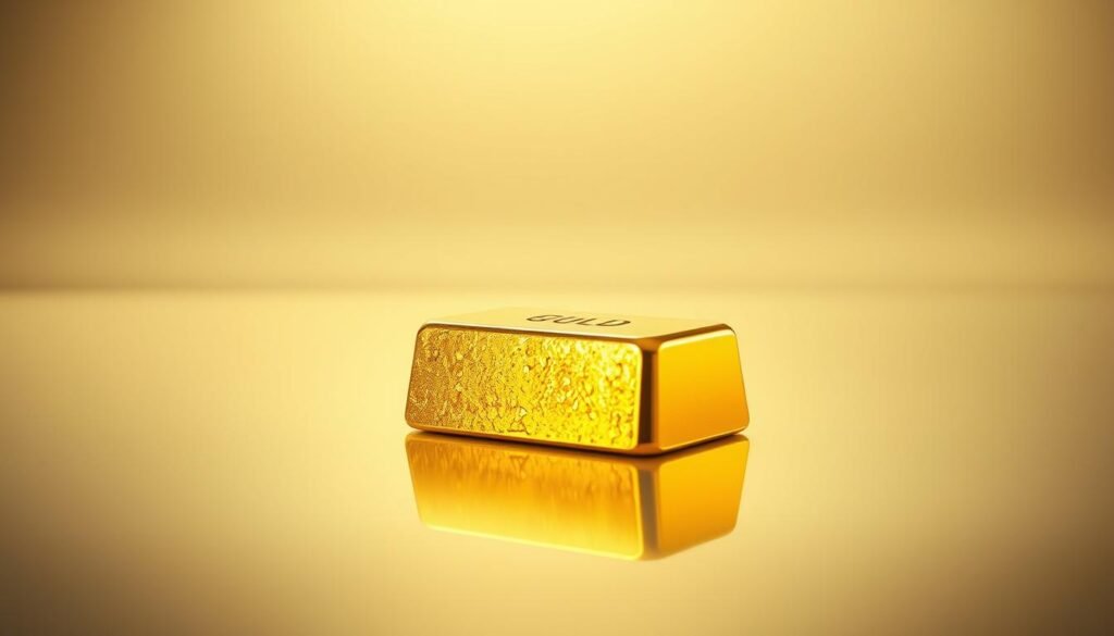 A gleaming gold ingot rests on a sleek, polished surface, casting a warm reflection. The soft, diffused lighting creates a sense of depth and dimension, highlighting the rich, lustrous hue of the metal. In the background, a neutral, minimalist setting with clean lines and subtle gradients provides a simple, elegant backdrop, allowing the gold to take center stage as a captivating investment asset. The composition is balanced and symmetrical, creating a sense of stability and reliability, inviting the viewer to contemplate the enduring value and timeless appeal of this precious metal.