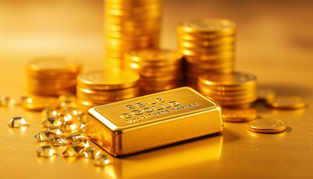 A gleaming gold ingot set against a backdrop of stacked golden coins, illuminated by warm, directional lighting that casts subtle shadows. In the foreground, a crisp, high-resolution image of a physical gold bar nestled among scattered gemstones, evoking the enduring value and tangibility of precious metals. The middle ground features a smooth, brushed gold surface, with a reflection of a digital representation of gold, emphasizing the contrast between physical and virtual investments. The background blends a soft, hazy gradient, creating a sense of depth and focus on the central gold artifacts. The overall composition conveys the timeless allure and diverse investment opportunities of gold.
