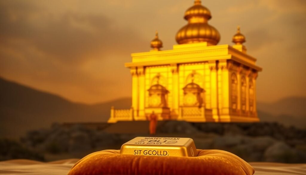 A gleaming gold safe-house standing tall, its burnished walls reflecting the warm light of a setting sun. The structure is imposing, its intricate details suggesting impenetrable security. In the foreground, a single gold ingot rests on a plush velvet cushion, symbolizing the wealth and stability it represents. The background is hazy, with a soft focus on the building, creating a sense of exclusivity and inaccessibility. The scene evokes a feeling of safety, prosperity, and the timeless value of gold as a safe-haven asset during periods of economic uncertainty and market turbulence. A gleaming gold safe-house standing tall, its burnished walls reflecting the warm light of a setting sun. The structure is imposing, its intricate details suggesting impenetrable security. In the foreground, a single gold ingot rests on a plush velvet cushion, symbolizing the wealth and stability it represents. The background is hazy, with a soft focus on the building, creating a sense of exclusivity and inaccessibility. The scene evokes a feeling of safety, prosperity, and the timeless value of gold as a safe-haven asset during periods of economic uncertainty and market turbulence.