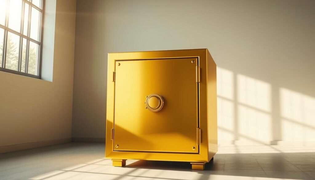 A gleaming gold safe nestled amidst a serene, minimalist setting. Sunlight filters through large windows, casting a warm, golden glow across the polished surface. The safe stands as a solid, impenetrable fortress, symbolizing the secure and timeless nature of gold as a safe-haven investment. In the background, a clean, abstract backdrop accentuates the focal point, with muted tones that don't distract from the central element. The composition emphasizes the safe's sturdiness and reliability, conveying a sense of stability and protection in the face of economic uncertainty.