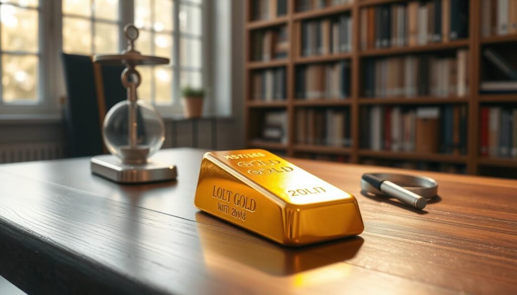 A gleaming golden bar rests on a dark wooden surface, bathed in soft natural light filtering through large windows. The bar's surface reflects the warm glow, highlighting its lustrous texture and weight. In the middle ground, a metal scale and a magnifying glass suggest the meticulous examination of the gold's purity and value. The background features a bookshelf filled with reference materials, alluding to the research and care involved in physical gold investment. The overall atmosphere is one of solemnity, precision, and the tangible reassurance of owning a timeless store of wealth.