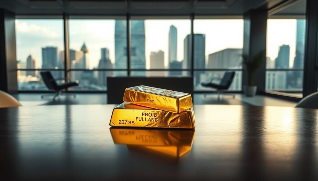 A gleaming golden bullion bar rests on a dark mahogany table, casting a warm reflection. In the background, a sleek, modern office space with floor-to-ceiling windows overlooks a bustling cityscape. Soft, natural light bathes the scene, creating an atmosphere of sophistication and financial security. The bar is positioned prominently, symbolizing the weight and value of gold as a strategic investment asset. The image conveys a sense of stability, wealth, and the importance of gold in a well-diversified portfolio.