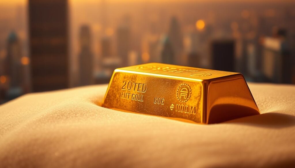A gleaming golden ingot resting on a bed of soft, velvet-like fabric, bathed in warm, diffused lighting. The reflective surface of the precious metal shimmers, evoking a sense of wealth, stability, and security. In the background, a hazy, out-of-focus cityscape, symbolizing the uncertain economic landscape, contrasts with the solidity and timelessness of the gold. The composition draws the eye to the central object, emphasizing its role as a safe haven asset, a reliable store of value in times of market volatility and global instability.