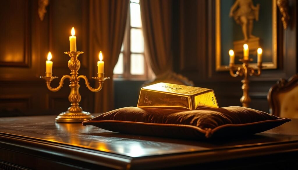 A gleaming golden ingot rests on a luxurious velvet cushion, casting a warm glow across the dimly lit room. Elegant, ornate candlesticks flicker on a polished wooden table, their flickering flames reflecting off the ingot's smooth surface. Soft, diffused lighting from a nearby window bathes the scene in an alluring, amber-tinted radiance, evoking a sense of opulence and exclusivity. The room's rich, mahogany paneling and ornate, gilded accents heighten the impression of wealth and sophistication, drawing the viewer's gaze to the captivating centerpiece - the golden treasure that symbolizes the allure and allure of gold investing.