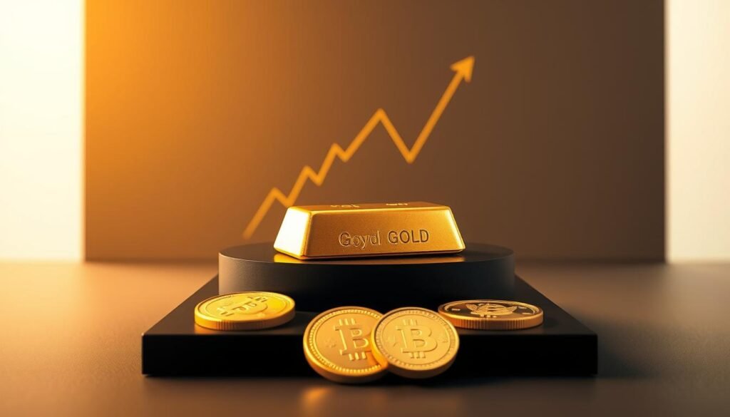 A gleaming, golden ingot rests on a sleek, black pedestal, its lustrous surface reflecting the warm, diffused light of the scene. In the foreground, the ingot is flanked by a pair of elegant, gold-plated investment coins, their intricate designs shimmering under the soft illumination. In the middle ground, a stylized graph or chart rises behind the pedestal, visualizing the steady growth of gold as a strategic asset in modern investment portfolios. The background is a serene, minimalist setting, with muted tones and clean lines, creating a sense of timeless sophistication and financial stability. A gleaming, golden ingot rests on a sleek, black pedestal, its lustrous surface reflecting the warm, diffused light of the scene. In the foreground, the ingot is flanked by a pair of elegant, gold-plated investment coins, their intricate designs shimmering under the soft illumination. In the middle ground, a stylized graph or chart rises behind the pedestal, visualizing the steady growth of gold as a strategic asset in modern investment portfolios. The background is a serene, minimalist setting, with muted tones and clean lines, creating a sense of timeless sophistication and financial stability.