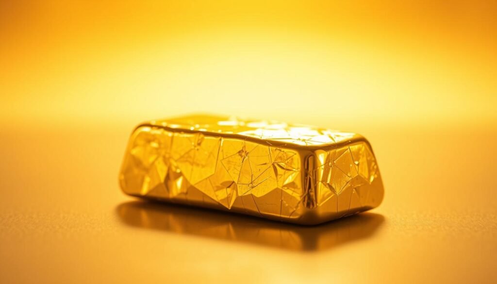 A gleaming golden ingot rests on a smooth, reflective surface, casting a warm, radiant glow across the frame. The metal shines with a captivating luster, its facets catching the light in a mesmerizing display. In the background, a soft, hazy gradient of gold and amber tones creates a sense of depth and timeless elegance. The scene is bathed in a gentle, directional light, casting subtle shadows and highlights that accentuate the ingot's form and texture. The overall composition conveys a sense of solidity, stability, and the enduring value of gold as a premier investment asset. A gleaming golden ingot rests on a smooth, reflective surface, casting a warm, radiant glow across the frame. The metal shines with a captivating luster, its facets catching the light in a mesmerizing display. In the background, a soft, hazy gradient of gold and amber tones creates a sense of depth and timeless elegance. The scene is bathed in a gentle, directional light, casting subtle shadows and highlights that accentuate the ingot's form and texture. The overall composition conveys a sense of solidity, stability, and the enduring value of gold as a premier investment asset.