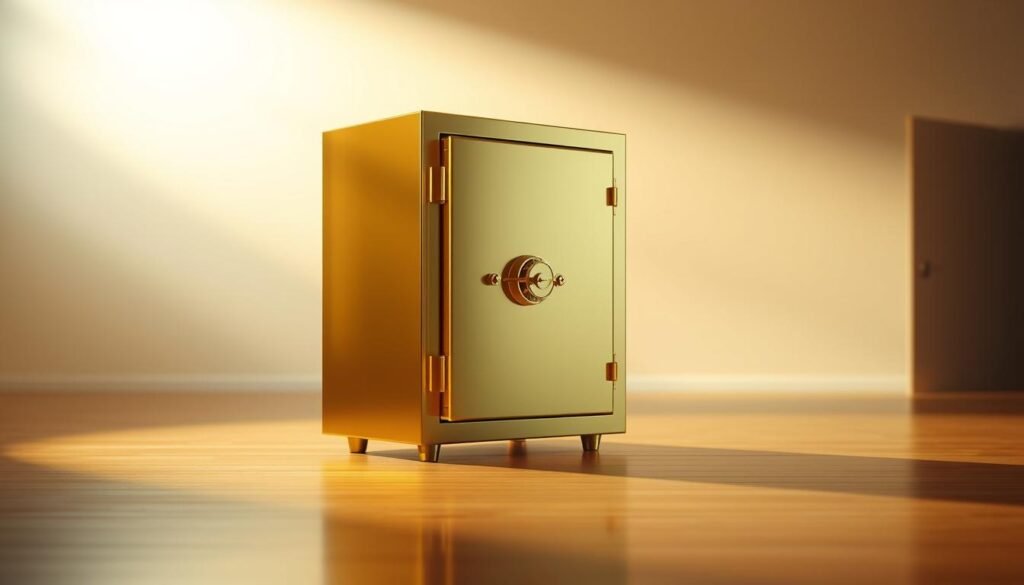 A gleaming golden safe, standing tall and secure against a backdrop of a serene, minimalist interior. The safe's surface reflects the warm, soft light, casting a gentle glow throughout the space. The scene conveys a sense of stability, protection, and the reassuring presence of a time-tested asset. In the foreground, the safe is positioned prominently, commanding attention and symbolizing the enduring value of gold as a reliable haven for wealth preservation. The composition is balanced, with clean lines and a harmonious color palette, emphasizing the safe's sturdiness and the tranquility of the environment.