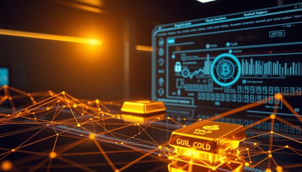 A gleaming, golden tokenization process unfolds in a futuristic, blockchain-powered setting. In the foreground, intricate lines and geometric patterns represent the digital transformation of physical gold. The middle ground features a stylized gold bullion, radiating a warm, luminous glow, symbolizing the integrity and value of the tokenized asset. In the background, a sleek, minimalist interface displays real-time transaction data, blockchain ledgers, and secure encryption protocols, creating a sense of technological sophistication. Soft, directional lighting casts dramatic shadows, accentuating the depth and complexity of the process. The overall atmosphere conveys a sense of innovation, trust, and the seamless intersection of traditional and digital finance. A gleaming, golden tokenization process unfolds in a futuristic, blockchain-powered setting. In the foreground, intricate lines and geometric patterns represent the digital transformation of physical gold. The middle ground features a stylized gold bullion, radiating a warm, luminous glow, symbolizing the integrity and value of the tokenized asset. In the background, a sleek, minimalist interface displays real-time transaction data, blockchain ledgers, and secure encryption protocols, creating a sense of technological sophistication. Soft, directional lighting casts dramatic shadows, accentuating the depth and complexity of the process. The overall atmosphere conveys a sense of innovation, trust, and the seamless intersection of traditional and digital finance.