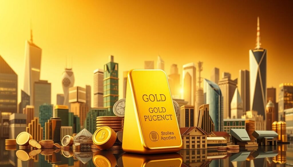 A gleaming, meticulously crafted golden bar stands prominently in the foreground, symbolizing the solidity and enduring value of gold investments. Surrounding it, an array of diverse financial assets - stocks, bonds, currencies, and real estate - are depicted in a visually striking composition, creating a sense of balance and strategic diversification. The lighting casts a warm, golden glow, accentuating the precious metal's allure and the harmonious integration of various investment vehicles. The background features a sleek, modern cityscape, hinting at the sophisticated and forward-thinking nature of the portfolio management approach. The overall scene conveys the strategic importance of gold as a stabilizing force within a well-diversified investment strategy. A gleaming, meticulously crafted golden bar stands prominently in the foreground, symbolizing the solidity and enduring value of gold investments. Surrounding it, an array of diverse financial assets - stocks, bonds, currencies, and real estate - are depicted in a visually striking composition, creating a sense of balance and strategic diversification. The lighting casts a warm, golden glow, accentuating the precious metal's allure and the harmonious integration of various investment vehicles. The background features a sleek, modern cityscape, hinting at the sophisticated and forward-thinking nature of the portfolio management approach. The overall scene conveys the strategic importance of gold as a stabilizing force within a well-diversified investment strategy.