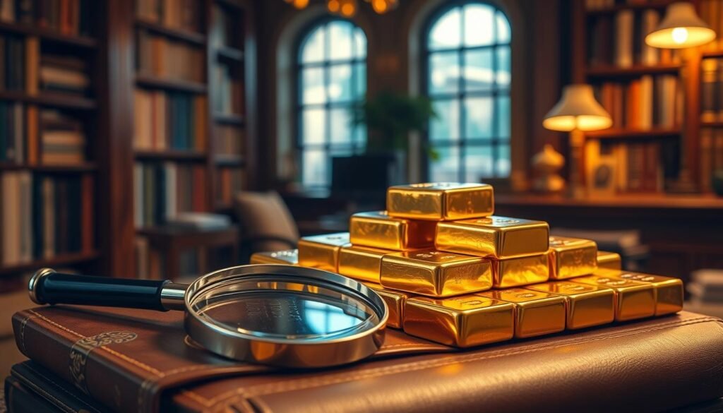 A gleaming pile of gold bars, their lustrous surfaces catching the warm light of a cozy study. In the foreground, a magnifying glass rests on a leather-bound book, hinting at the careful examination of this timeless investment. Bookshelves line the walls, suggesting the wealth of knowledge about the enduring appeal of gold. The scene is bathed in a soft, ambient glow, creating a sense of tranquility and timelessness. The composition is balanced, with the gold bars anchoring the center and the surrounding details adding depth and interest. This image captures the essence of gold as a revered and steadfast investment asset.