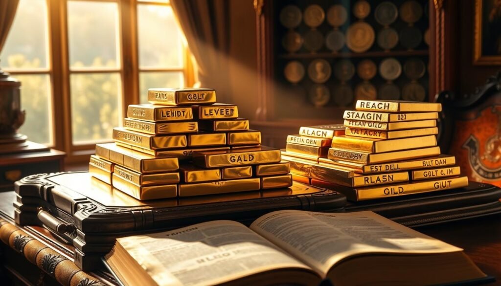 A gleaming pile of gold bullion bars, meticulously stacked, resting upon an ornate, mahogany desk. Sunlight streams through the window, casting a warm, golden glow upon the scene. In the foreground, an open book with weathered pages, its contents revealing the secrets and strategies of successful gold investing. Behind the desk, a wall-mounted display case showcases rare, antique coins, each one a testament to the enduring value of precious metals. The atmosphere exudes a sense of timeless wisdom, inviting the viewer to immerse themselves in the knowledge necessary to navigate the world of gold investment. A gleaming pile of gold bullion bars, meticulously stacked, resting upon an ornate, mahogany desk. Sunlight streams through the window, casting a warm, golden glow upon the scene. In the foreground, an open book with weathered pages, its contents revealing the secrets and strategies of successful gold investing. Behind the desk, a wall-mounted display case showcases rare, antique coins, each one a testament to the enduring value of precious metals. The atmosphere exudes a sense of timeless wisdom, inviting the viewer to immerse themselves in the knowledge necessary to navigate the world of gold investment.