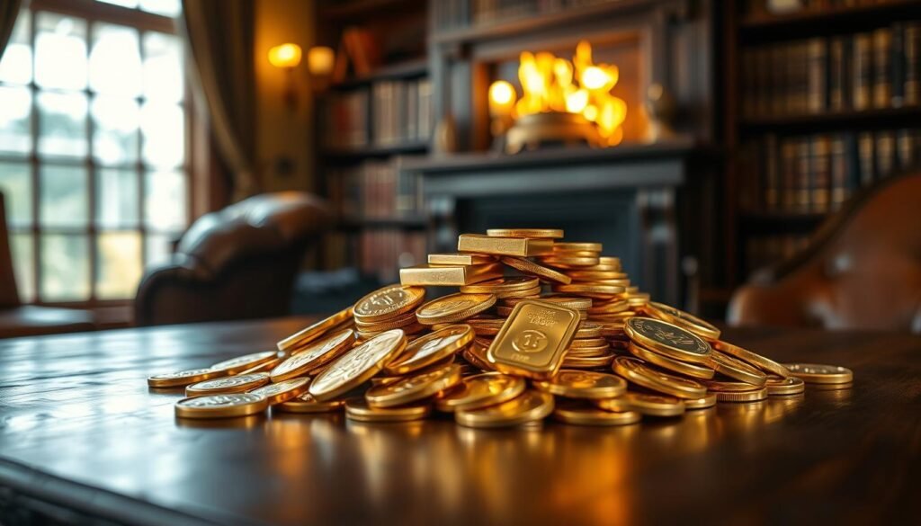A gleaming pile of gold coins and bars, meticulously arranged on a dark, wooden table. The light casts a warm, inviting glow, highlighting the intricate details and the smooth, lustrous surfaces of the precious metal. In the background, a soft, blurred backdrop of a cozy, old-world study, with rich, leather-bound books and a crackling fireplace, creating a sense of timeless elegance and wealth. The composition is symmetrical, with the gold taking center stage, conveying a sense of stability, security, and the enduring value of this timeless investment. The mood is one of quiet contemplation, a testament to the enduring legacy of gold as a cherished inheritance. A gleaming pile of gold coins and bars, meticulously arranged on a dark, wooden table. The light casts a warm, inviting glow, highlighting the intricate details and the smooth, lustrous surfaces of the precious metal. In the background, a soft, blurred backdrop of a cozy, old-world study, with rich, leather-bound books and a crackling fireplace, creating a sense of timeless elegance and wealth. The composition is symmetrical, with the gold taking center stage, conveying a sense of stability, security, and the enduring value of this timeless investment. The mood is one of quiet contemplation, a testament to the enduring legacy of gold as a cherished inheritance.