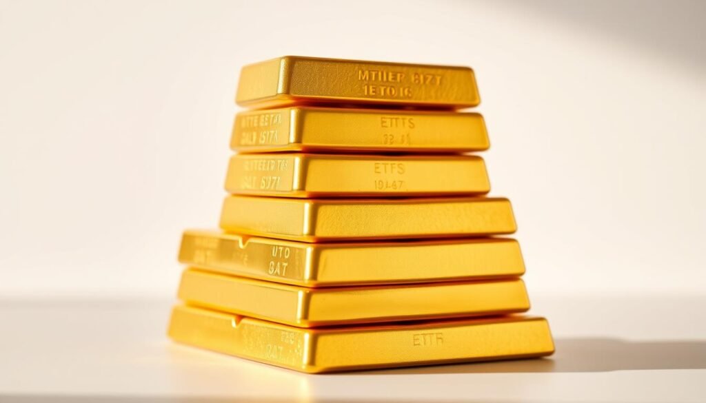 A gleaming stack of gold-colored ETF bars, set against a clean and minimalist background. The bars are arranged in an orderly fashion, casting soft, warm shadows that convey a sense of stability and security. The lighting is natural and diffused, highlighting the metallic luster of the ETFs. The composition is balanced, with the ETFs taking up a significant portion of the frame, emphasizing their central role in the image. The overall mood is one of wealth, prudence, and reliable investment, befitting the concept of "indirect ways to gain gold exposure in education planning."