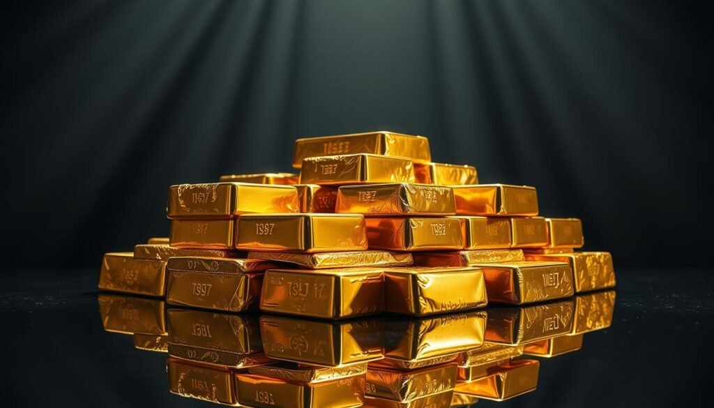 A gleaming stack of golden bars, meticulously arranged on a dark, highly reflective surface, casting intricate reflections. Dramatic lighting from above casts long shadows, highlighting the weight and solidity of the precious metal. The scene is captured in a high-resolution, wide-angle lens, conveying a sense of grandeur and timeless value. The atmosphere is one of understated elegance, evoking the enduring status of gold as a reliable store of wealth throughout the ages. A gleaming stack of golden bars, meticulously arranged on a dark, highly reflective surface, casting intricate reflections. Dramatic lighting from above casts long shadows, highlighting the weight and solidity of the precious metal. The scene is captured in a high-resolution, wide-angle lens, conveying a sense of grandeur and timeless value. The atmosphere is one of understated elegance, evoking the enduring status of gold as a reliable store of wealth throughout the ages.