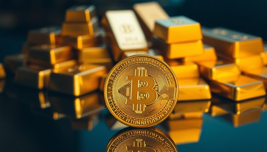 A glimmering, meticulously crafted golden coin sits atop a reflective surface, its edges catching the light in a mesmerizing display. In the background, a softly blurred array of golden bullion bars and ingots create a sense of depth and abundance. The lighting is warm and inviting, casting subtle shadows that accentuate the intricate details of the coin. The overall composition conveys the solidity, value, and timeless allure of gold as a premier investment asset.