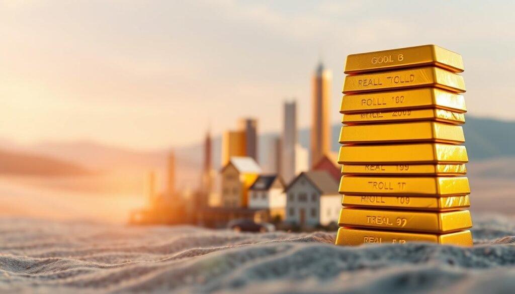A glimmering stack of gold bullion bars stands prominently in the foreground, casting a warm, radiant glow across the scene. In the middle ground, a diverse array of investment assets, including stocks, bonds, and real estate, are neatly arranged, symbolizing the power of diversification. The background depicts a serene, minimalist landscape with soft, diffused lighting, creating a sense of balance and stability. The overall composition conveys the idea of gold as a reliable, tangible investment that can provide stability and security within a well-diversified portfolio.