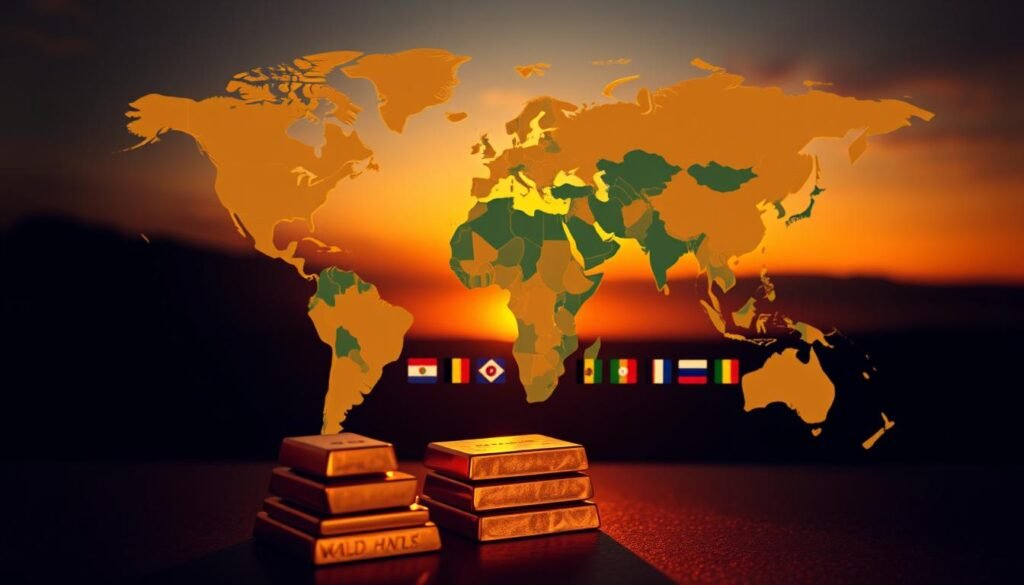 A global map illuminated by warm, golden light, showcasing various countries and their distinctive tax policies for the gold industry. In the foreground, a stack of gold bars casts long shadows, symbolizing the weight of taxation. The middle ground features an array of national flags, each representing a unique approach to regulating the precious metal trade. The background depicts a sunset horizon, evoking a sense of tranquility and the timeless nature of gold. The composition is balanced, with a focus on conveying the diversity of global gold taxation practices through a visually striking and cohesive design. A global map illuminated by warm, golden light, showcasing various countries and their distinctive tax policies for the gold industry. In the foreground, a stack of gold bars casts long shadows, symbolizing the weight of taxation. The middle ground features an array of national flags, each representing a unique approach to regulating the precious metal trade. The background depicts a sunset horizon, evoking a sense of tranquility and the timeless nature of gold. The composition is balanced, with a focus on conveying the diversity of global gold taxation practices through a visually striking and cohesive design.