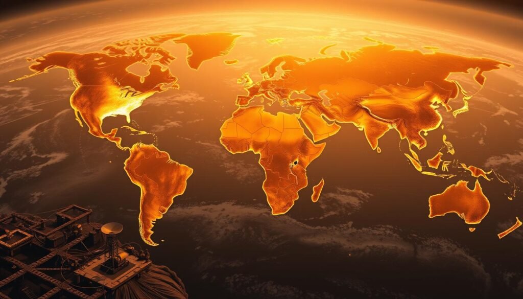 A global map of the world's top gold exploration regions, shown in a detailed bird's-eye view. The foreground depicts various mining and prospecting sites, with crews, equipment, and active drilling operations. The middle ground showcases the major gold-bearing geological formations and mineral deposits across different continents, each highlighted with vivid colors. The background features a muted, photorealistic rendering of the Earth's landmasses, oceans, and cloud cover, illuminated by warm, golden lighting that casts a majestic glow over the entire scene. The composition conveys the scope, scale, and strategic importance of global gold exploration endeavors.