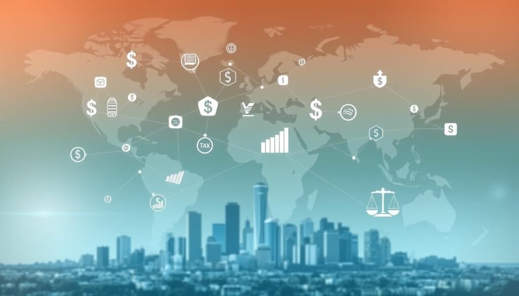 A global network of financial principles, represented by interconnected icons and symbols, floating against a backdrop of a world map. The foreground features various currency symbols, bar graphs, and scales, conveying the concepts of taxation, investment, and financial regulations. The middle ground showcases a cityscape with skyscrapers, representing the international financial hubs. The background is a soft, ethereal world map, with subtle gradients and muted colors, creating a sense of tranquility and interconnectedness. The overall composition conveys the intricate web of global tax principles that guide international investors.