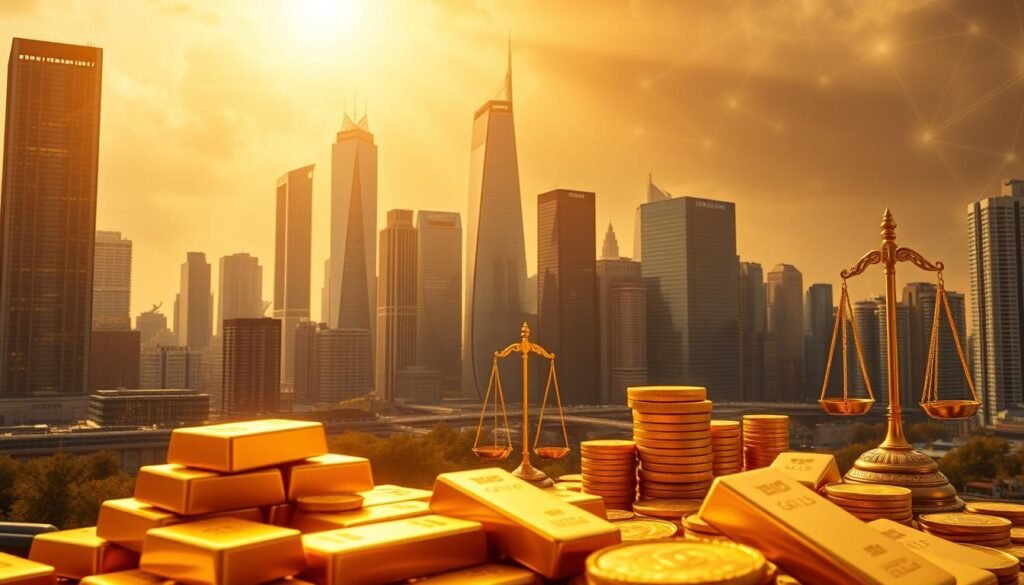 A global regulatory landscape with golden bars and coins in the foreground, against a backdrop of towering skyscrapers and financial centers. Warm, golden lighting casts a radiant glow, symbolizing the importance and prestige of the gold market. The composition should convey a sense of order, structure, and oversight, with a focus on the interconnected nature of international gold regulations. Subtle details like scales, ledgers, and regulatory symbols in the midground add depth and complexity to the scene. The overall impression should be one of a well-regulated, thriving global gold economy. A global regulatory landscape with golden bars and coins in the foreground, against a backdrop of towering skyscrapers and financial centers. Warm, golden lighting casts a radiant glow, symbolizing the importance and prestige of the gold market. The composition should convey a sense of order, structure, and oversight, with a focus on the interconnected nature of international gold regulations. Subtle details like scales, ledgers, and regulatory symbols in the midground add depth and complexity to the scene. The overall impression should be one of a well-regulated, thriving global gold economy.