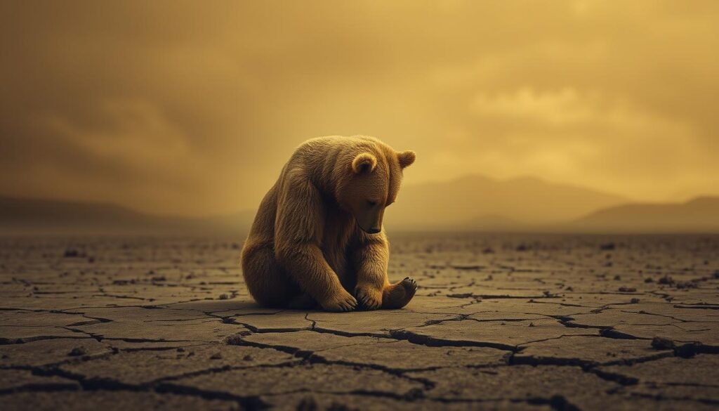 A gloomy, sepia-toned landscape depicting a dejected, gold-colored bear sitting on a cracked, barren ground. The bear's head is hung low, its expression forlorn, as if weathering a harsh market downturn. In the background, a hazy, muted sky stretches, conveying a somber, melancholic atmosphere. The scene is illuminated by a dim, muted light, casting long shadows and emphasizing the bear's sense of isolation and struggle. The composition is balanced, with the bear occupying the central focus, surrounded by a desolate, weathered environment that symbolizes the challenges of a gold bear market.