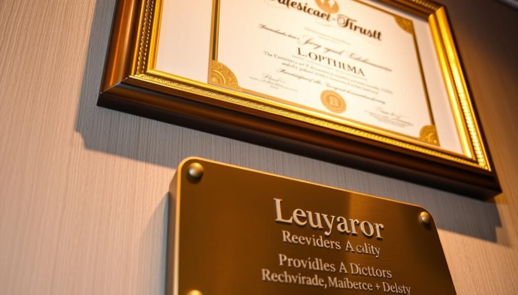 A gold-framed diploma, crisp and official, hanging on a wooden wall. The credential shines with an elegant, gilded design, radiating an air of authority and trust. In the foreground, a bronze plaque displays the provider's name and accreditations, meticulously engraved. Soft, warm lighting casts a subtle glow, creating a sense of professionalism and reliability. The background features a subtle, textured pattern, providing a refined, sophisticated backdrop for the prominent, prestigious display of the provider's qualifications.