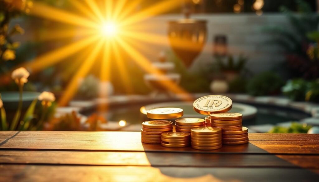 A golden IRA portfolio amidst a serene retirement landscape. Warm rays of sunlight illuminate a meticulously crafted gold bullion, symbolizing the enduring value of precious metals in financial planning. In the middle ground, a stack of gold coins rests atop a wood-paneled table, conveying the tangible security of a diversified retirement fund. The background depicts a tranquil garden setting, with lush greenery and a calming water feature, evoking a sense of financial stability and personal well-being. Captured with a shallow depth of field, the image emphasizes the central focus on the golden assets, underscoring their significance in a well-rounded retirement strategy. A golden IRA portfolio amidst a serene retirement landscape. Warm rays of sunlight illuminate a meticulously crafted gold bullion, symbolizing the enduring value of precious metals in financial planning. In the middle ground, a stack of gold coins rests atop a wood-paneled table, conveying the tangible security of a diversified retirement fund. The background depicts a tranquil garden setting, with lush greenery and a calming water feature, evoking a sense of financial stability and personal well-being. Captured with a shallow depth of field, the image emphasizes the central focus on the golden assets, underscoring their significance in a well-rounded retirement strategy.