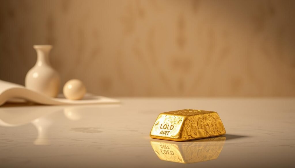 A golden ingot resting on a polished, reflective surface, casting a warm glow. In the background, a serene, sophisticated setting with a muted, neutral color palette, conveying a sense of timeless elegance. The lighting is soft and directional, accentuating the luster and weight of the gold. The composition is balanced, with the ingot occupying the focal point, surrounded by a subtle, minimalist design. The overall atmosphere evokes a feeling of stability, security, and the enduring value of gold as a reliable investment. A golden ingot resting on a polished, reflective surface, casting a warm glow. In the background, a serene, sophisticated setting with a muted, neutral color palette, conveying a sense of timeless elegance. The lighting is soft and directional, accentuating the luster and weight of the gold. The composition is balanced, with the ingot occupying the focal point, surrounded by a subtle, minimalist design. The overall atmosphere evokes a feeling of stability, security, and the enduring value of gold as a reliable investment.