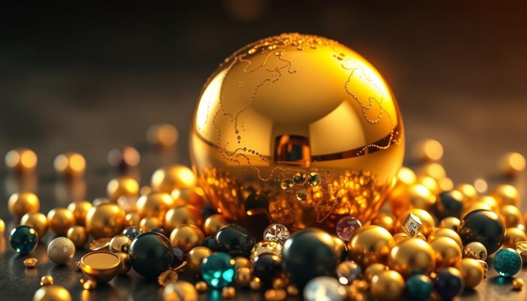 A golden sphere representing a diversified investment portfolio, surrounded by smaller spheres in various precious metals and gemstones, all illuminated by a warm, natural-looking lighting setup. The scene is captured from a slightly elevated angle, creating a sense of depth and balance. The overall atmosphere conveys a feeling of stability, security, and the timeless allure of precious assets as part of a well-structured investment strategy.