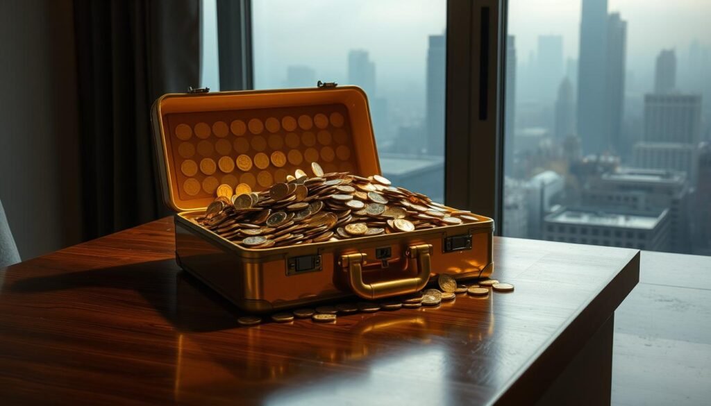 A golden suitcase overflowing with shimmering coins sits atop a wooden table, casting a warm glow across the room. Behind it, a window reveals a cityscape shrouded in a hazy, muted palette, suggesting the economic uncertainty of a recession. The table's surface is polished, creating a reflective surface that mirrors the suitcase's contents, reinforcing the idea of a sound financial investment. Soft, directional lighting illuminates the scene, emphasizing the allure and solidity of gold as a safe haven during economic turbulence. A golden suitcase overflowing with shimmering coins sits atop a wooden table, casting a warm glow across the room. Behind it, a window reveals a cityscape shrouded in a hazy, muted palette, suggesting the economic uncertainty of a recession. The table's surface is polished, creating a reflective surface that mirrors the suitcase's contents, reinforcing the idea of a sound financial investment. Soft, directional lighting illuminates the scene, emphasizing the allure and solidity of gold as a safe haven during economic turbulence.