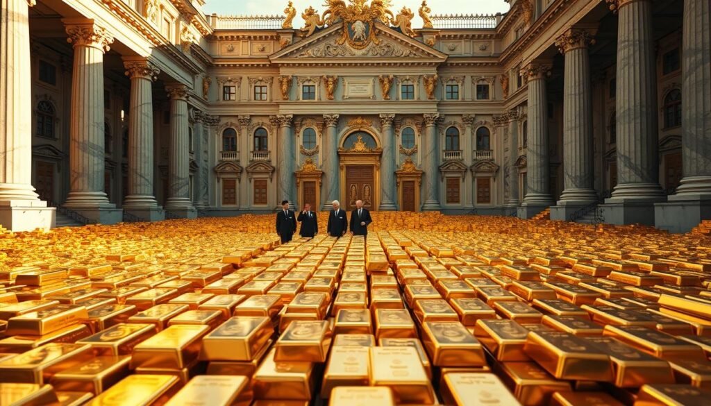 A grand Russian palace, its ornate facade gleaming in the afternoon sun. In the foreground, a sprawling hoard of gold bars, their lustrous surfaces reflecting the light. In the middle ground, a group of officials in formal attire, examining the reserves with reverence. The background is filled with imposing stone columns and intricate architectural details, creating a sense of wealth and power. The lighting is soft and diffuse, casting a warm glow over the scene. The camera angle is slightly elevated, giving the viewer a commanding perspective of the impressive display of Russia's financial might. A grand Russian palace, its ornate facade gleaming in the afternoon sun. In the foreground, a sprawling hoard of gold bars, their lustrous surfaces reflecting the light. In the middle ground, a group of officials in formal attire, examining the reserves with reverence. The background is filled with imposing stone columns and intricate architectural details, creating a sense of wealth and power. The lighting is soft and diffuse, casting a warm glow over the scene. The camera angle is slightly elevated, giving the viewer a commanding perspective of the impressive display of Russia's financial might.