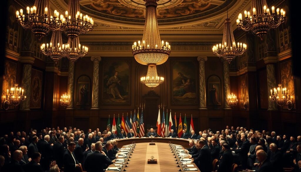 A grand conference hall, the Bretton Woods System emerges from the shadows. Ornate chandeliers illuminate intricate tapestries and marble columns, evoking a sense of authority and global significance. In the foreground, delegates from around the world gather, their faces etched with determination as they negotiate the postwar economic order. A large, imposing table dominates the scene, surrounded by the flags of participating nations. The atmosphere is one of deliberation and consensus-building, as the architects of the new financial system chart the course for the global economy. Soft, warm lighting casts a golden glow, lending an air of historic importance to the proceedings. The overall composition conveys the gravity and complexity of the Bretton Woods negotiations that shaped the world's economic landscape in the mid-20th century.