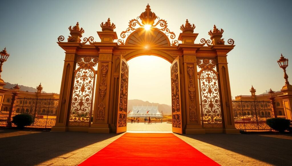 A grand golden gate, ornately adorned with intricate filigree and majestic crowns, stands tall against a backdrop of a sun-drenched landscape. Sunlight filters through the open archway, casting a warm glow upon the scene. In the foreground, a plush red carpet leads the eye inward, symbolizing the exclusive access and regal privilege granted to those who can pass through. The overall atmosphere exudes a sense of power, prestige, and the allure of exclusive financial opportunities, like the access to gold royalties. A grand golden gate, ornately adorned with intricate filigree and majestic crowns, stands tall against a backdrop of a sun-drenched landscape. Sunlight filters through the open archway, casting a warm glow upon the scene. In the foreground, a plush red carpet leads the eye inward, symbolizing the exclusive access and regal privilege granted to those who can pass through. The overall atmosphere exudes a sense of power, prestige, and the allure of exclusive financial opportunities, like the access to gold royalties.