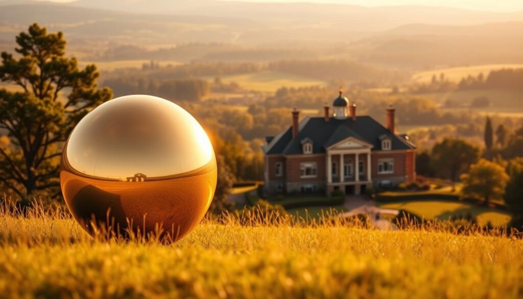 A grand golden sphere, reflecting the warm light of the sun, stands tall and proud in the foreground, symbolizing the enduring value of gold as a wealth preserver. In the middle ground, a stately manor house, its timeless architecture evoking the solidity and stability of real estate investments. The background is a panoramic vista, where rolling hills and lush greenery stretch out, creating a sense of timelessness and tranquility. The scene is bathed in a soft, golden glow, conveying a mood of prosperity, security, and the timeless allure of tangible assets as a hedge against economic uncertainty. A grand golden sphere, reflecting the warm light of the sun, stands tall and proud in the foreground, symbolizing the enduring value of gold as a wealth preserver. In the middle ground, a stately manor house, its timeless architecture evoking the solidity and stability of real estate investments. The background is a panoramic vista, where rolling hills and lush greenery stretch out, creating a sense of timelessness and tranquility. The scene is bathed in a soft, golden glow, conveying a mood of prosperity, security, and the timeless allure of tangible assets as a hedge against economic uncertainty.