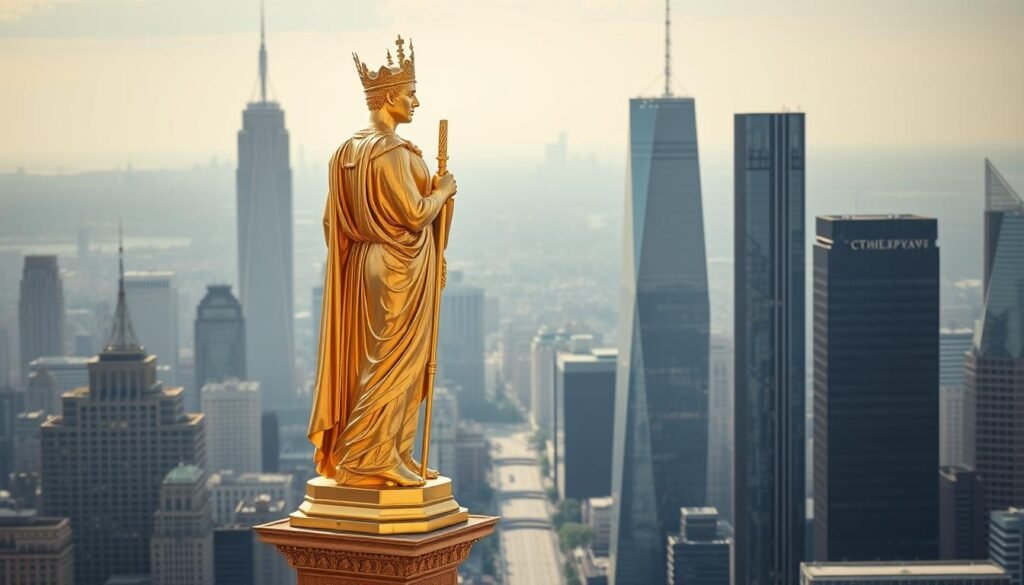 A grand golden statue standing tall, representing the historical "gold standard" of financial regulation. In the foreground, the statue casts a warm glow, its intricate details and regal pose commanding attention. Behind it, a panoramic cityscape unfolds, showcasing the modern, glass-and-steel architecture of contemporary financial districts - a visual metaphor for the evolution of regulatory systems. Soft, directional lighting illuminates the scene, creating a sense of gravitas and progression. The overall composition conveys the gradual transition from the rigid, time-honored gold standard to the dynamic, adaptable regulatory frameworks of today's global markets.