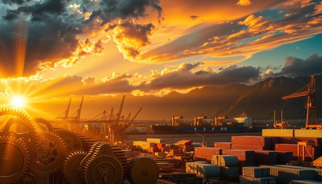 A grand golden supply chain unfolds, glistening against a dramatic backdrop. In the foreground, intricate cogs and gears symbolize the complex web of extraction, refining, and distribution. Rays of warm light pierce through clouds, casting a soft glow over the scene. In the middle ground, trains, ships, and cargo containers illustrate the global logistics network. The background features majestic mountains and a vibrant sky, hinting at the untapped potential and opportunities within the gold industry. The overall composition conveys the scale, intricacy, and dynamism of the gold supply chain, inviting the viewer to ponder its challenges and possibilities.