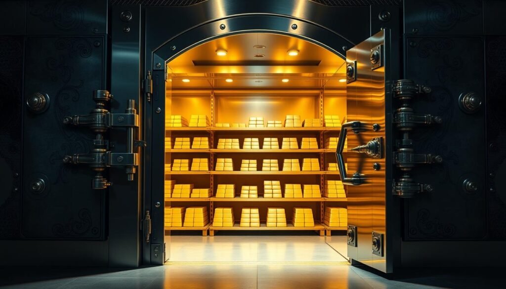 A grand, imposing vault door made of polished steel stands guard, its intricate locks and hinges gleaming under warm, directional lighting. The vault's interior is visible through the open entryway, revealing stacks of gold bars neatly arranged on shelves, their surfaces reflecting the gentle illumination. The scene conveys a sense of security and the immense value contained within, as if the viewer is being granted a rare glimpse into the heart of a high-security precious metals depository.