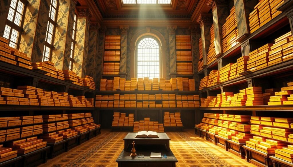 A grand, ornate room with towering ceilings and marble columns. Sunlight streams through tall windows, casting a warm glow on row upon row of gleaming gold bars stacked neatly on sturdy wooden shelves. The bars seem to radiate a powerful, timeless presence, symbolizing the wealth and stability of a nation's financial reserves. In the center, a large, ornate table is surrounded by leather-bound books and official-looking documents, suggesting the careful management of this precious hoard. The atmosphere is one of quiet grandeur, reflecting the historical significance and enduring value of gold in the realm of central banking.