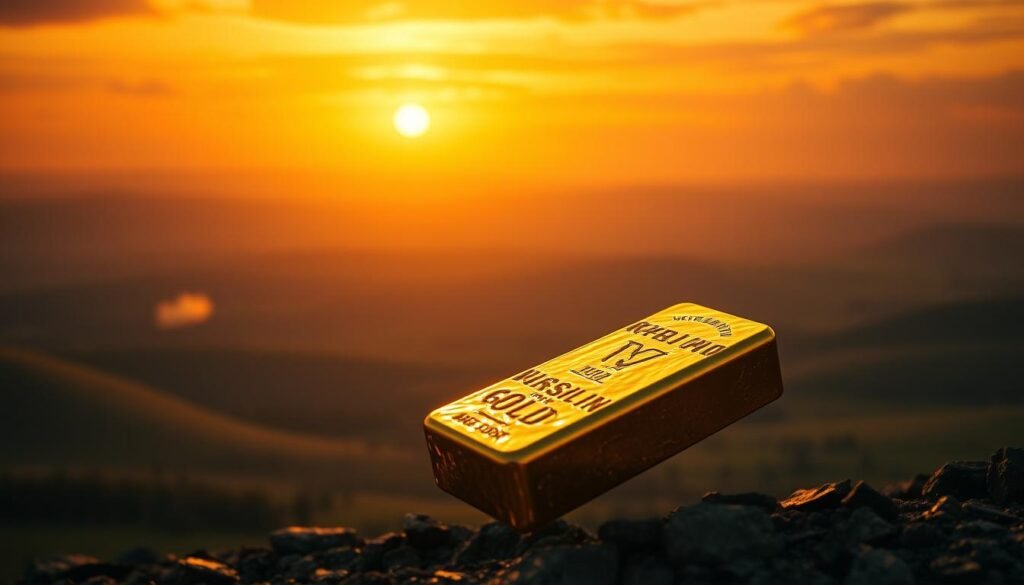 A grand, sweeping landscape of the Russia-Ukraine conflict, with the shimmering form of gold bullion taking center stage. In the foreground, the bullion appears to float, its radiant surface catching the warm glow of the sun. In the middle ground, a backdrop of rolling hills and distant explosions, hinting at the turmoil of war. The sky is painted in vibrant hues of orange and red, evoking a sense of drama and intensity. The scene is captured through a wide-angle lens, emphasizing the scale and grandeur of the moment. The lighting is dramatic, casting deep shadows and highlighting the majesty of the gold, a symbol of enduring value amidst the chaos of battle. A grand, sweeping landscape of the Russia-Ukraine conflict, with the shimmering form of gold bullion taking center stage. In the foreground, the bullion appears to float, its radiant surface catching the warm glow of the sun. In the middle ground, a backdrop of rolling hills and distant explosions, hinting at the turmoil of war. The sky is painted in vibrant hues of orange and red, evoking a sense of drama and intensity. The scene is captured through a wide-angle lens, emphasizing the scale and grandeur of the moment. The lighting is dramatic, casting deep shadows and highlighting the majesty of the gold, a symbol of enduring value amidst the chaos of battle.