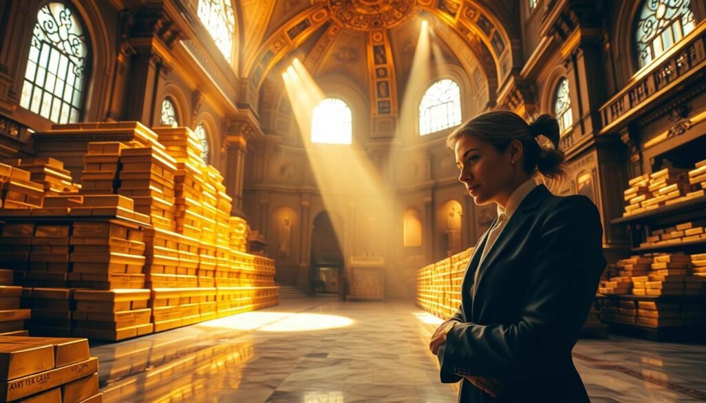 A grand vault illuminated by warm, golden light. Stacks of gleaming gold bars reach towards the high-vaulted ceiling, casting long shadows across the polished marble floor. Sunlight streams through ornate windows, casting a soft glow over the scene. In the foreground, a curator in a crisp, tailored suit examines the precious reserves, her expression one of reverence and responsibility. The opulent, historic architecture evokes Europe's enduring relationship with the precious metal, a symbol of stability and wealth. The overall mood is one of grandeur, tradition, and the weight of centuries-old financial might. A grand vault illuminated by warm, golden light. Stacks of gleaming gold bars reach towards the high-vaulted ceiling, casting long shadows across the polished marble floor. Sunlight streams through ornate windows, casting a soft glow over the scene. In the foreground, a curator in a crisp, tailored suit examines the precious reserves, her expression one of reverence and responsibility. The opulent, historic architecture evokes Europe's enduring relationship with the precious metal, a symbol of stability and wealth. The overall mood is one of grandeur, tradition, and the weight of centuries-old financial might.